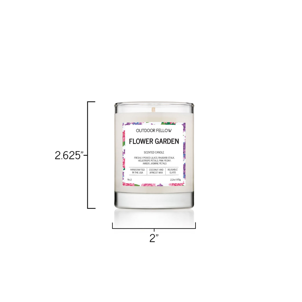 Flower Garden 2.2oz scented candle is 2.625 inches tall and has a diameter of 2 inches. 