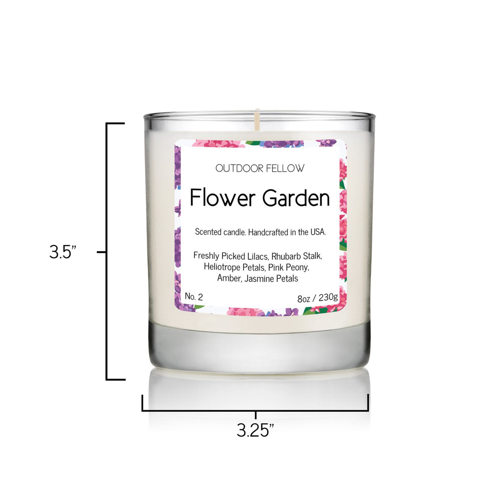 Flower Garden scented candle measreuments are 3.25 inches in diameter and 3.5 inches tall. 