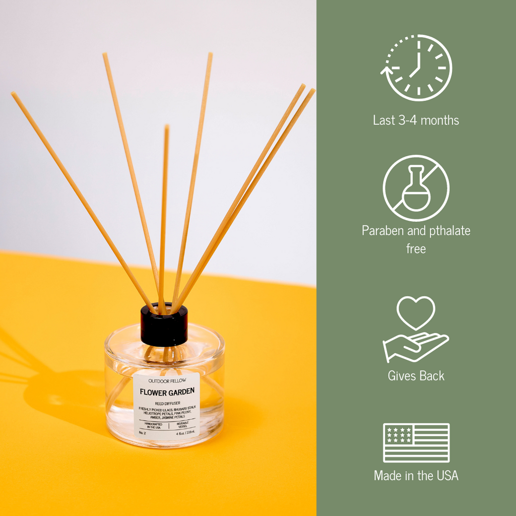 Flower Garden reed diffuser info graphic. Lasts 3-4 months, paraben and pthalate free, gives back and made in the USA. 