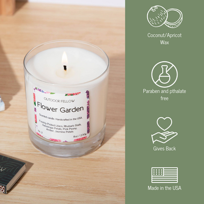 Flower Garden candle infographic that lists out coconut and apricot wax, paraben and pthalate free, gives back and made in the USA