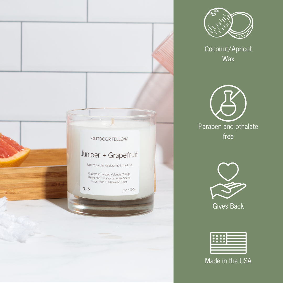 Juniper and Grapefruit candle infographic that lists out coconut and apricot wax, paraben and pthalate free, gives back and made in the USA