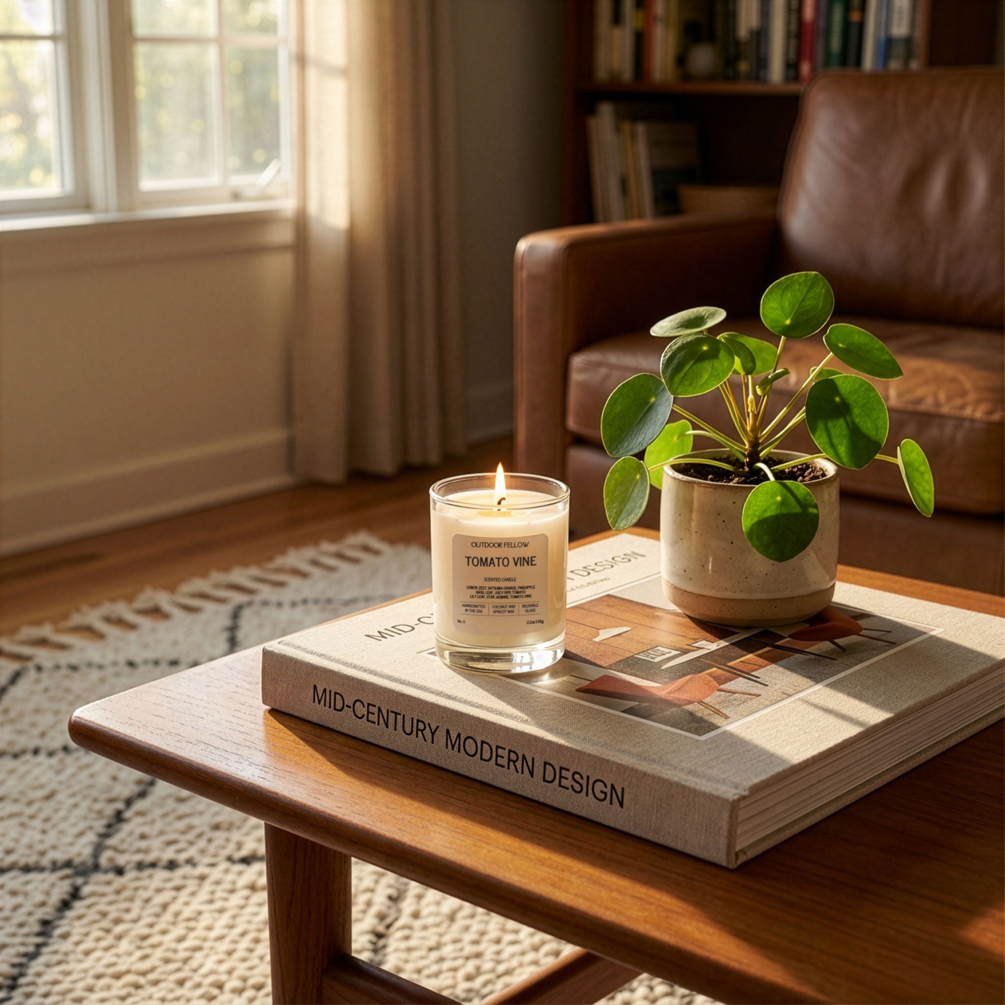 Candle and plant on a book on a wooden table in a cozy living room.
