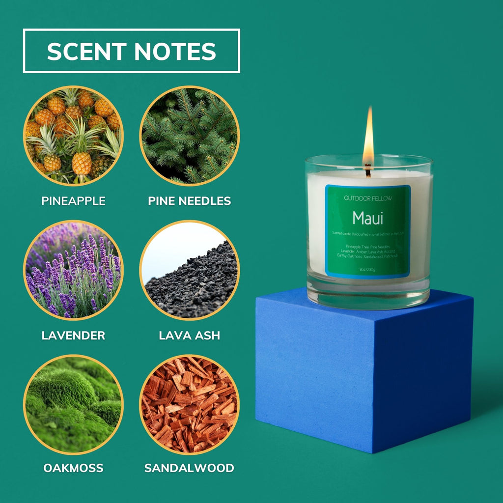 Maui scented candle has scent notes of pineapple, pine needles, lavender, lava ash, okamoss and sandalwood
