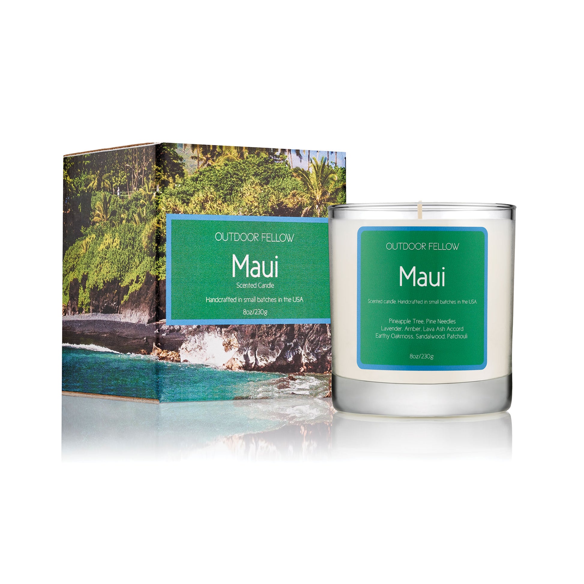 Maui scented candle next to packaging on white background