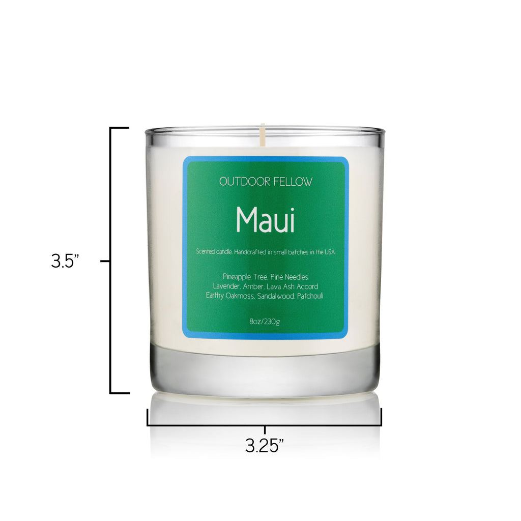 Maui scented candle is 3.5 inches tall and 3.25 inches in circumference