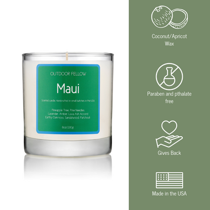 Maui candle infographic that lists out coconut and apricot wax, paraben and pthalate free, gives back and made in the USA