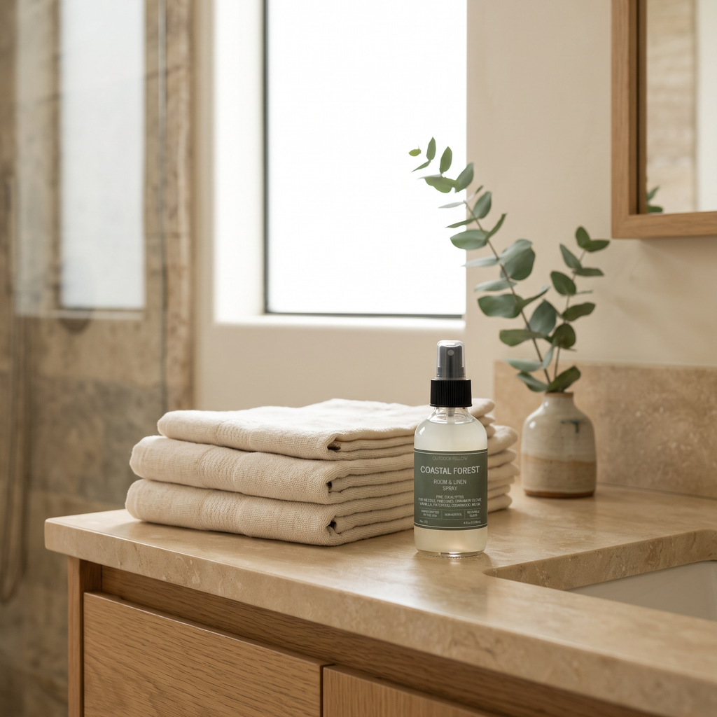 Outdoor Fellow Coastal Forest Room & Linen Spray styled on a bathroom vanity beside folded linen towels and eucalyptus.