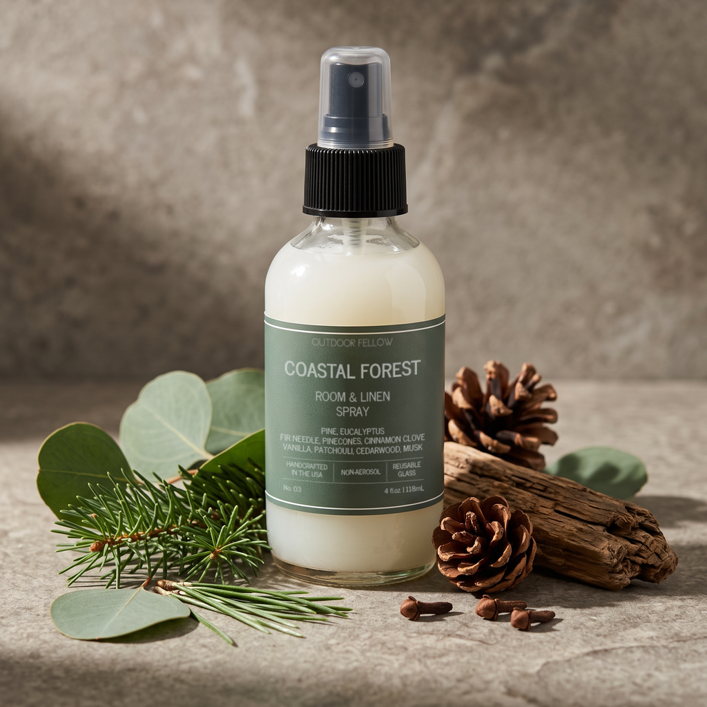 Outdoor Fellow Coastal Forest Room & Linen Spray styled with pine needles, eucalyptus, pinecones, cedarwood and cloves.