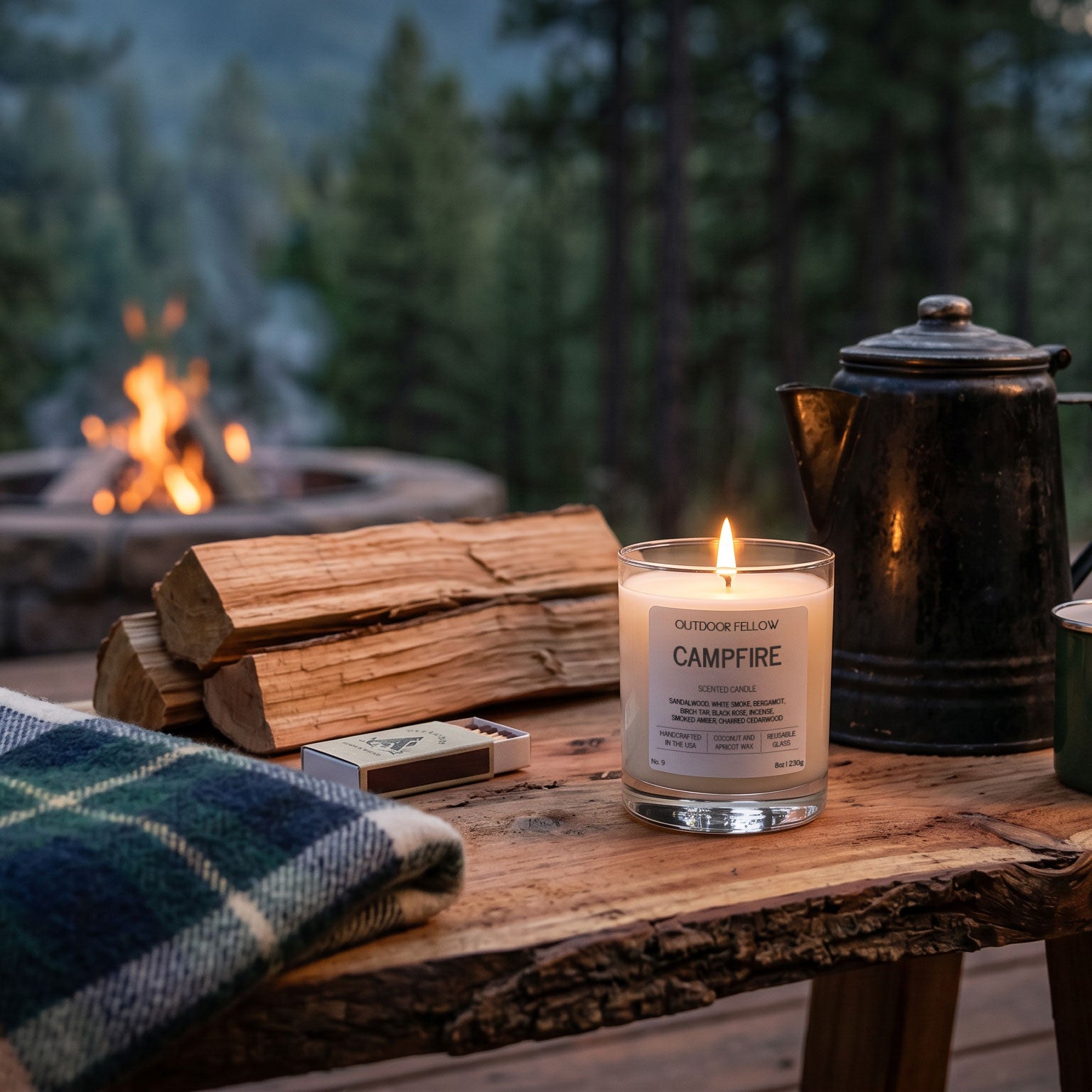 Outdoor Fellow Campfire candle on a rustic wood table with a coffee pot, mug, firewood, and campfire in the background.