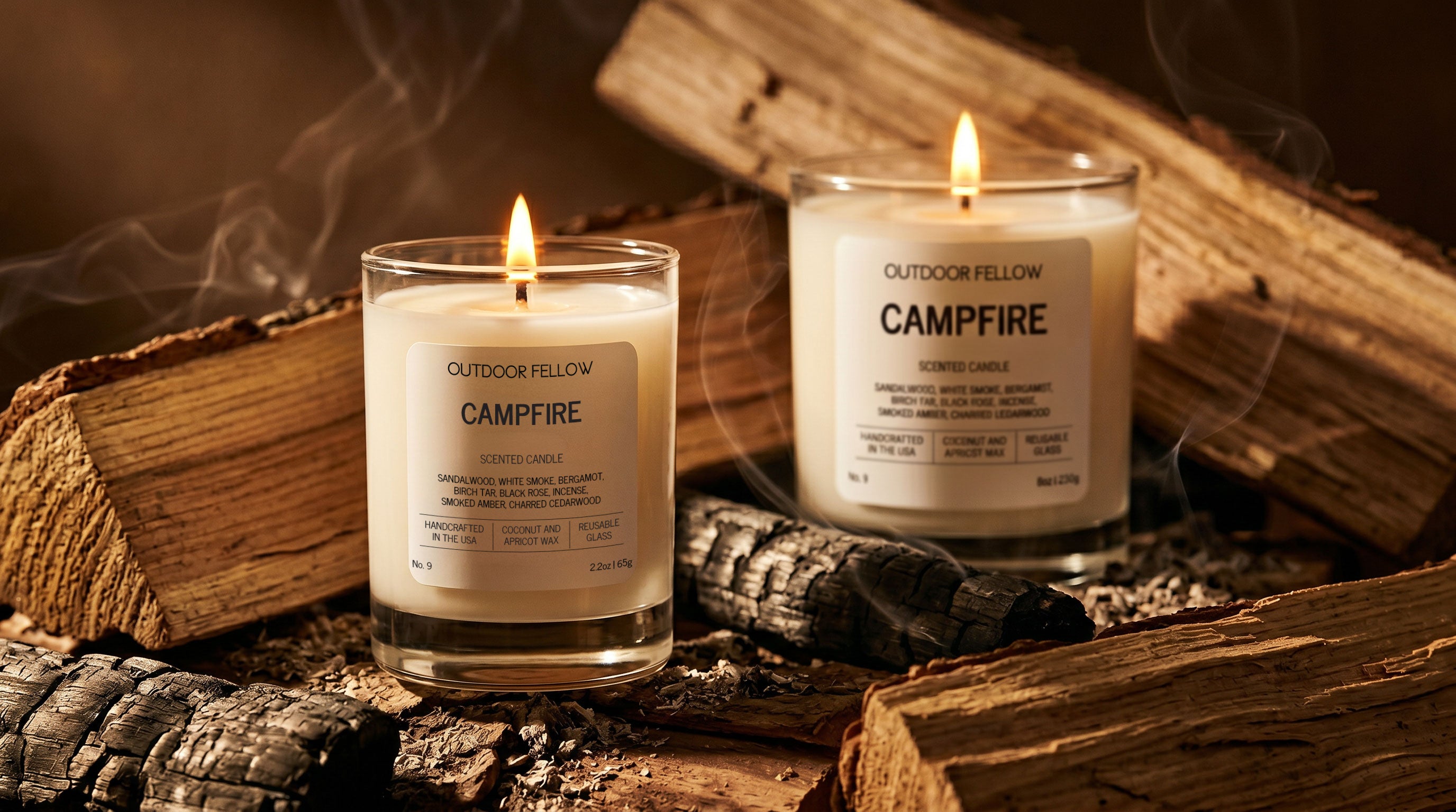 Outdoor Fellow Campfire candles in full and mini sizes styled with charred wood, ash, and soft rising smoke.