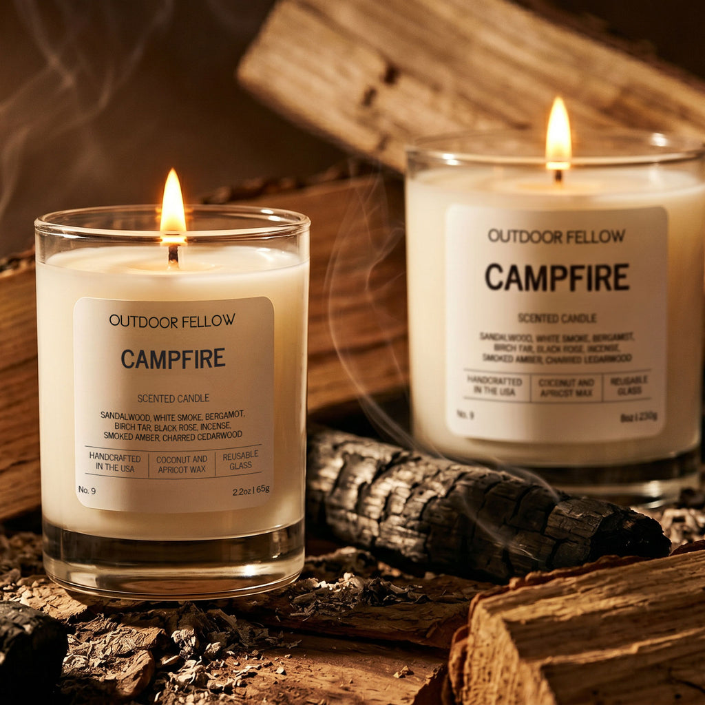 Outdoor Fellow Campfire candles in full and mini sizes styled with charred wood, ash, and soft rising smoke.