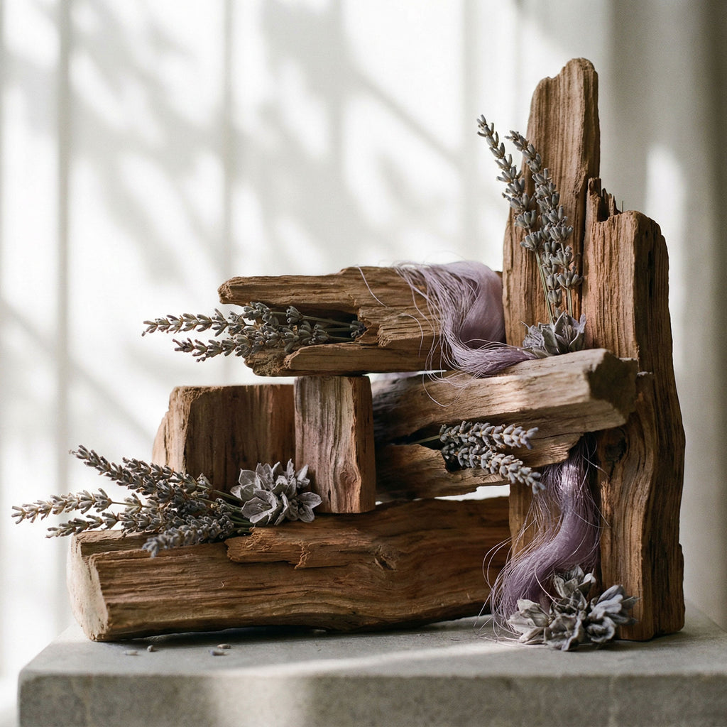 Stack of wooden logs with lavender and eucalyptus on a light background