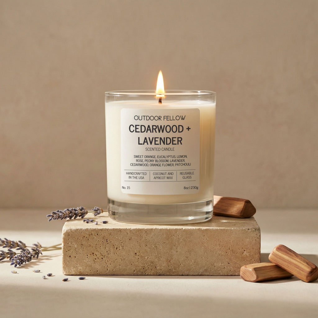 Candle labeled 'Cedarwood + Lavender' by Outdoor Fellow on a beige background