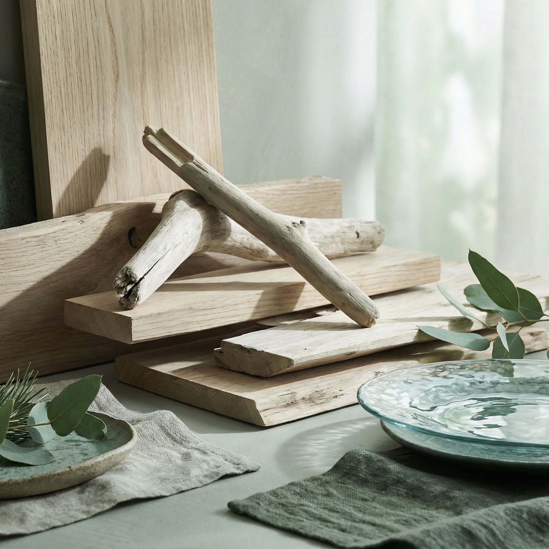 Wooden cutting boards and green plates on a table with natural light