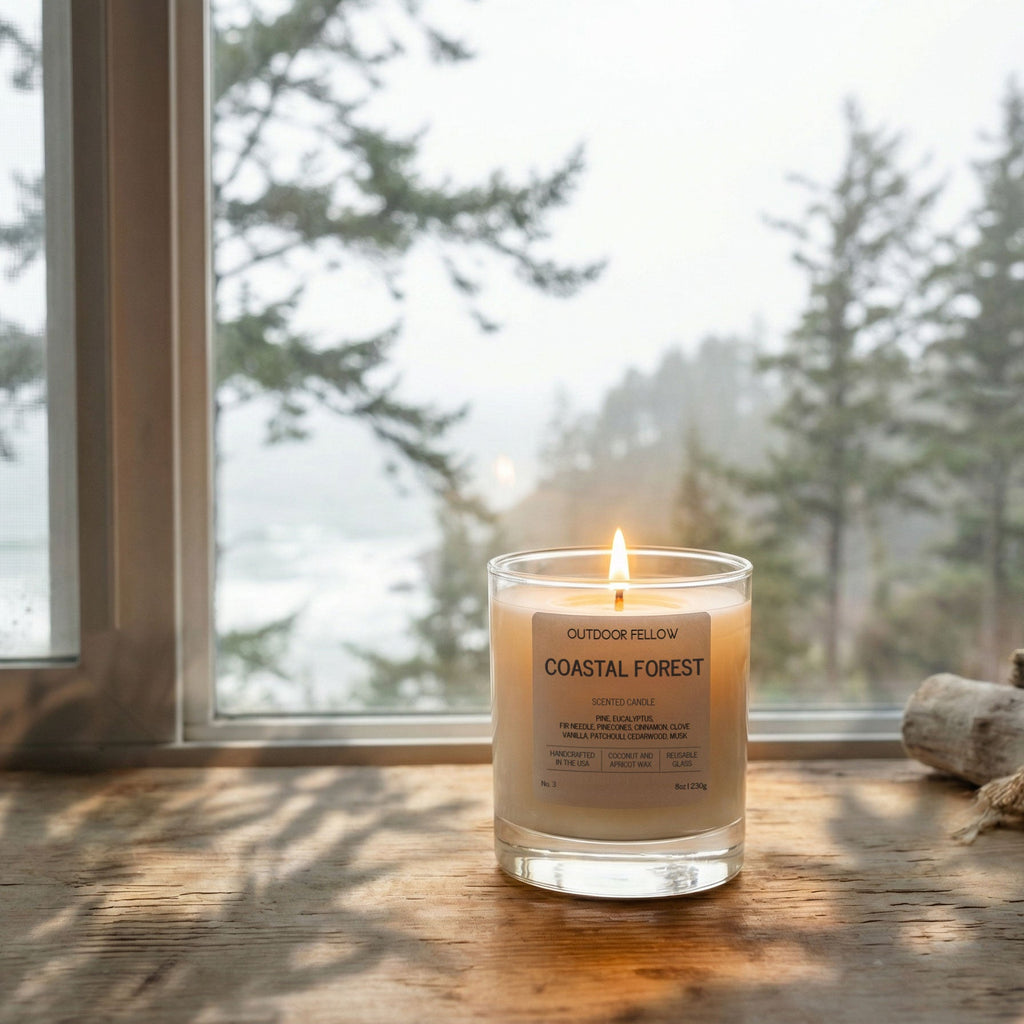 Candle labeled 'Coastal Forest' on a windowsill with a view of trees outside