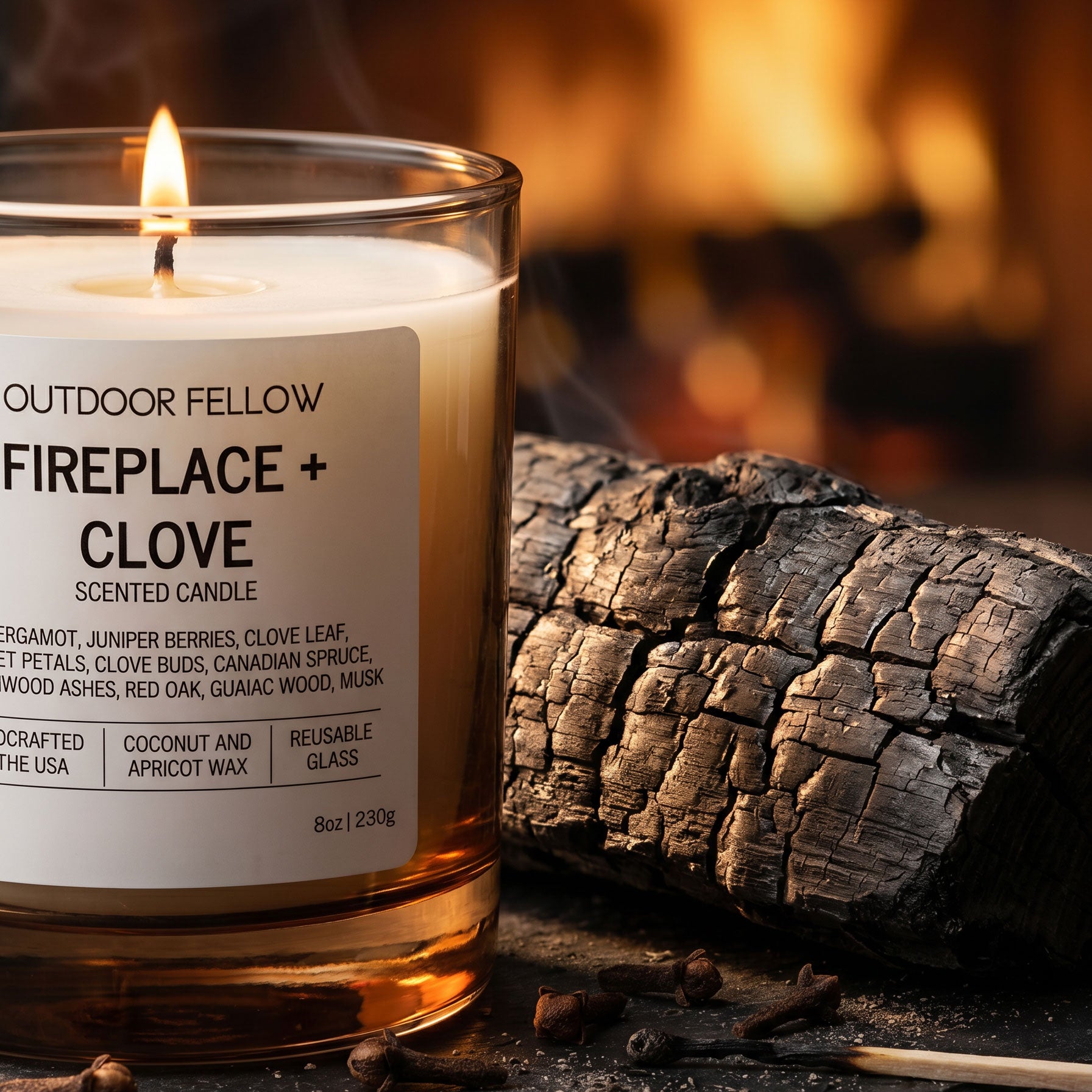 Close-up of a lit Outdoor Fellow Fireplace + Clove candle in a clear glass jar, positioned next to a piece of textured, charred wood and whole cloves. A warm, blurred fire glows in the background, emphasizing the candle's smoky and spiced fragrance profile.