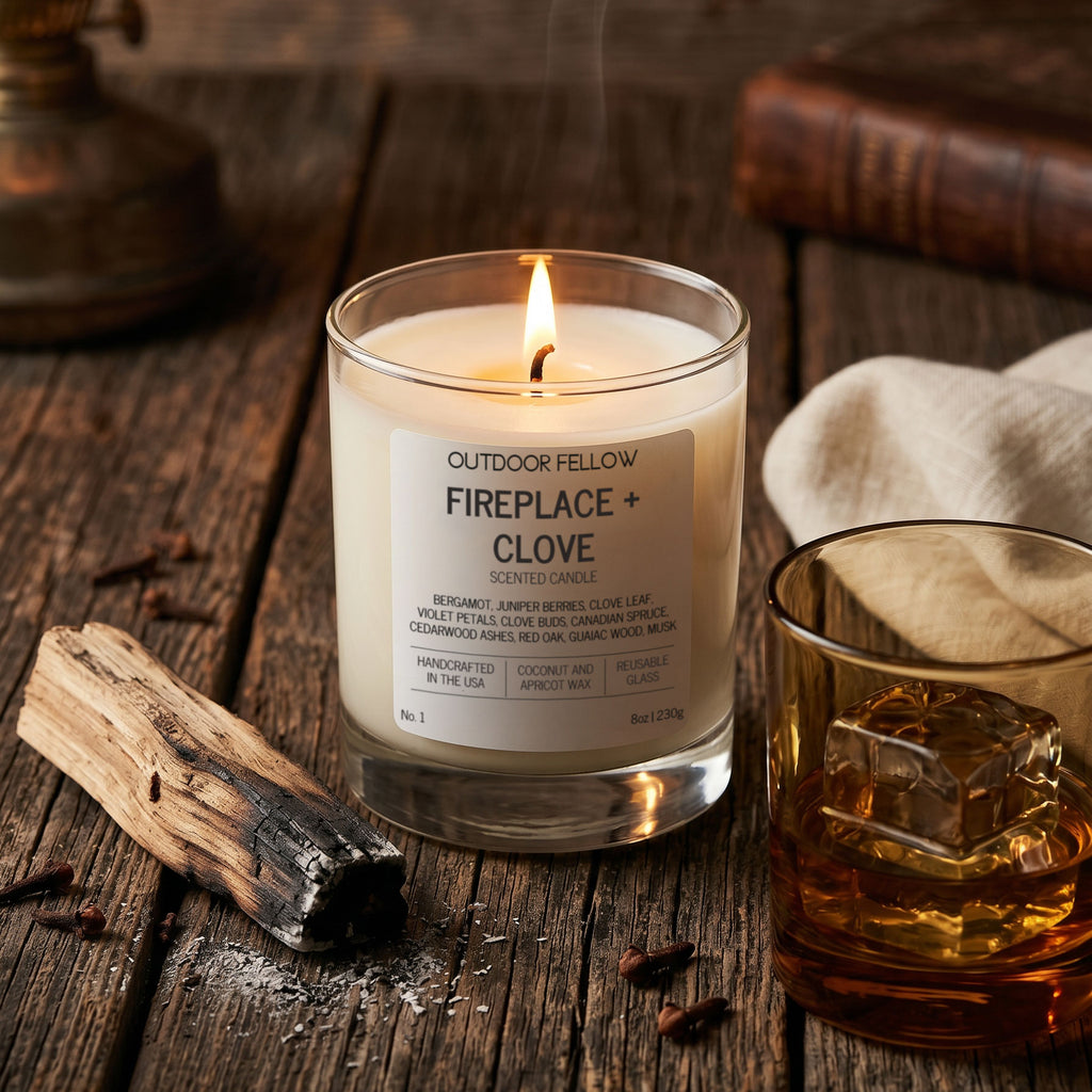 Candle labeled 'Outdoor Fellow Fireplace + Clove' on a wooden surface with a glass of whiskey and a log.
