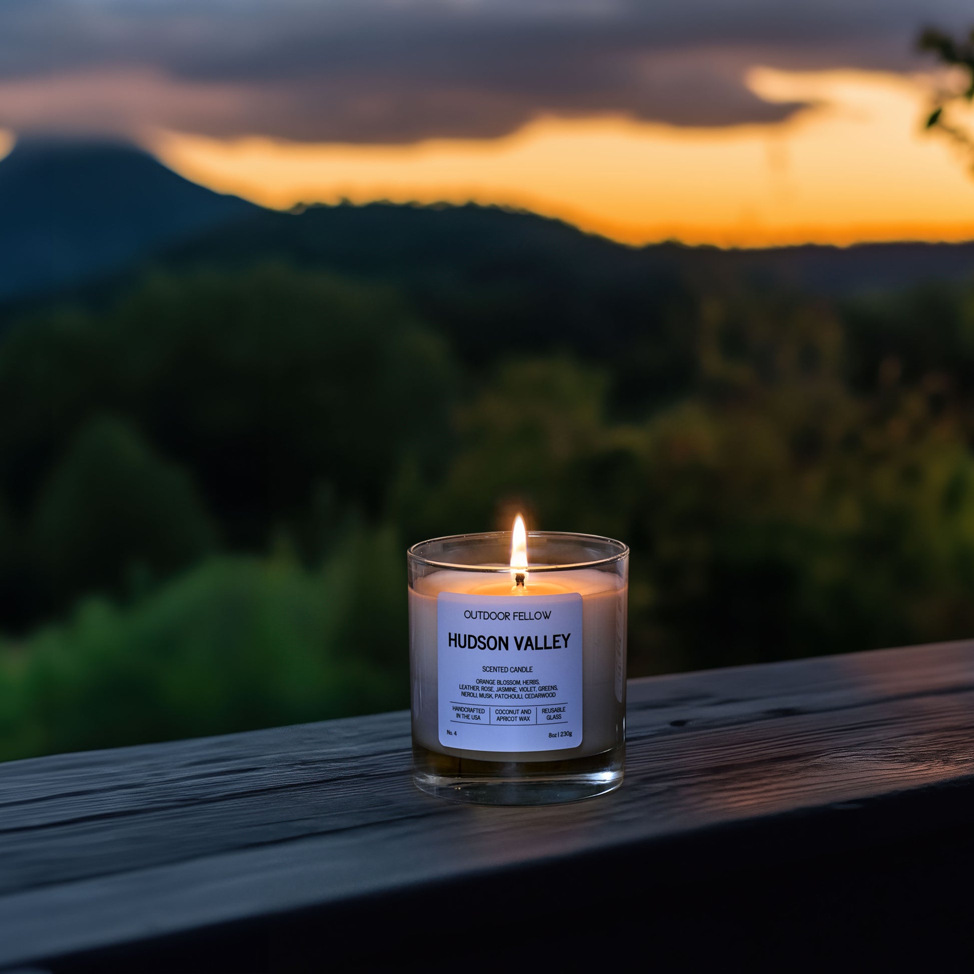 Hudson Valley scented candle on a wooden ledge with a forest background during sunset