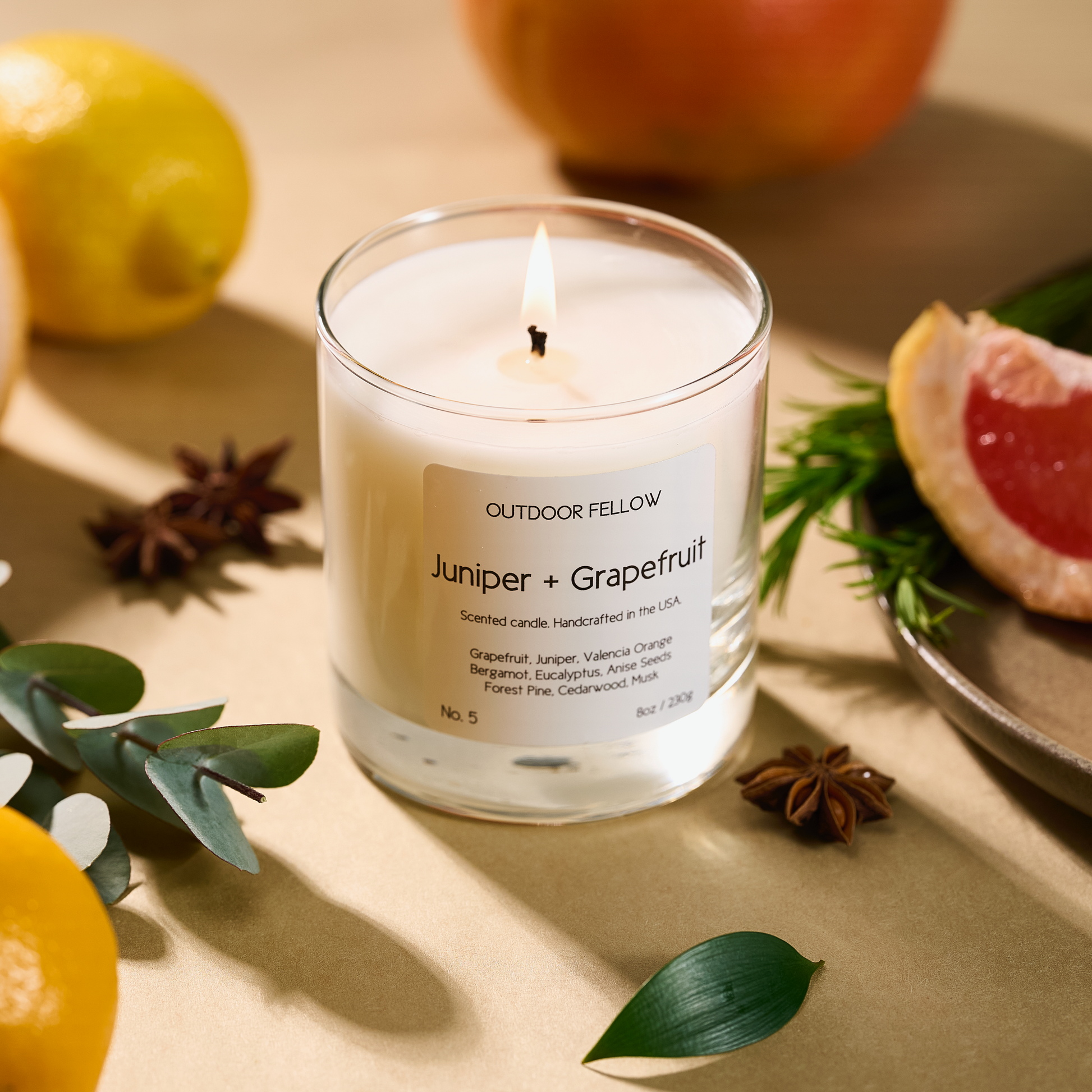 Juniper and Grapefruit scented candle next to cut grapefruit, eucalyptus and star anise