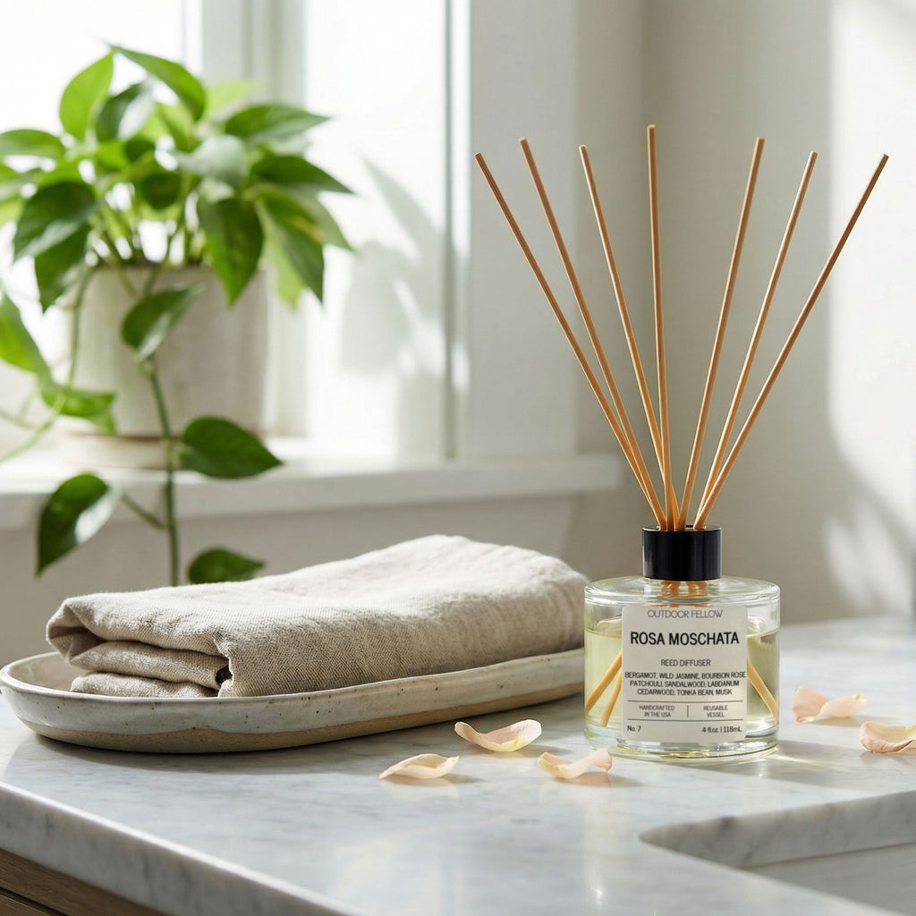 Rosa Moschata diffuser on a marble surface with a plant in the background