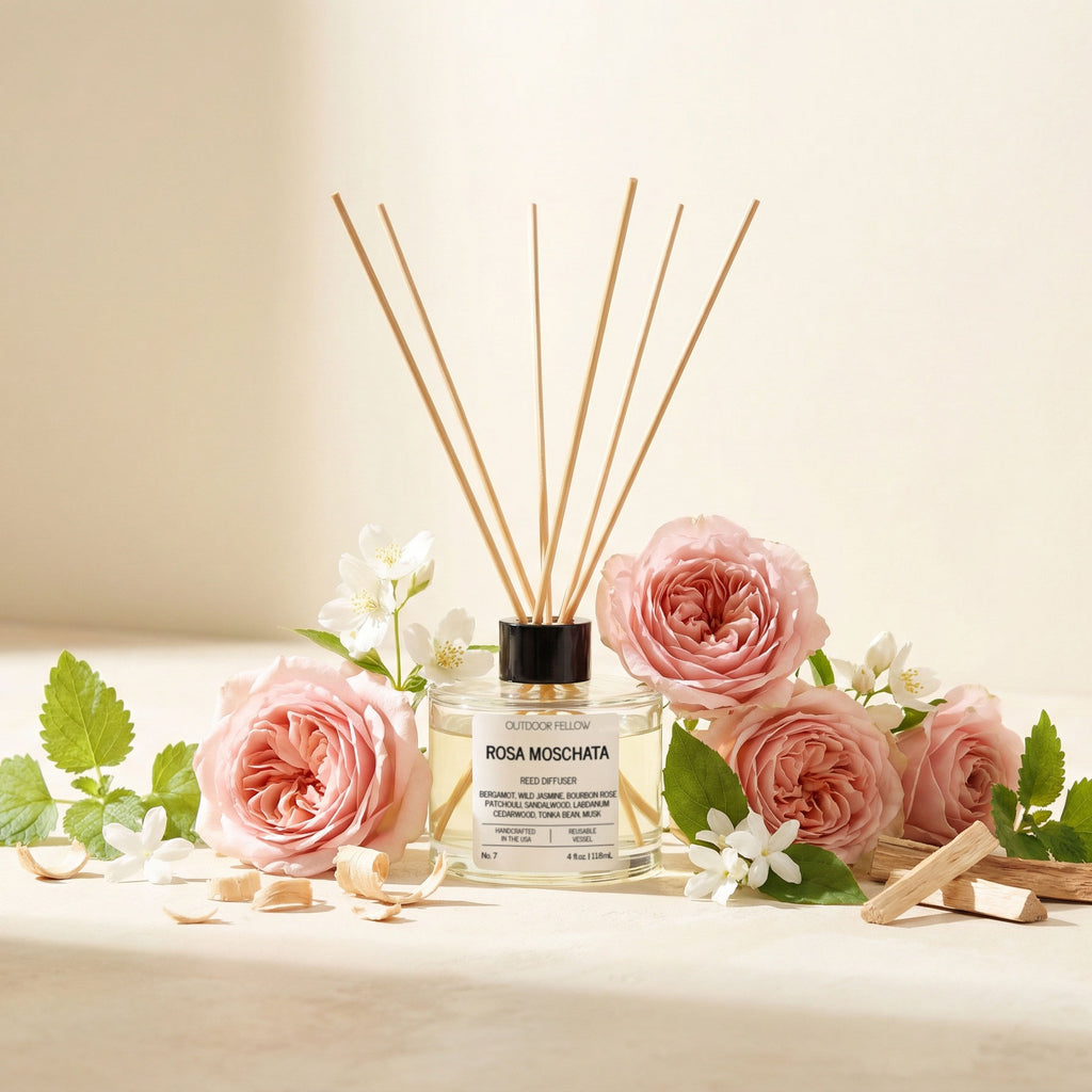Rosa Moschata reed diffuser with pink roses and green leaves on a light background