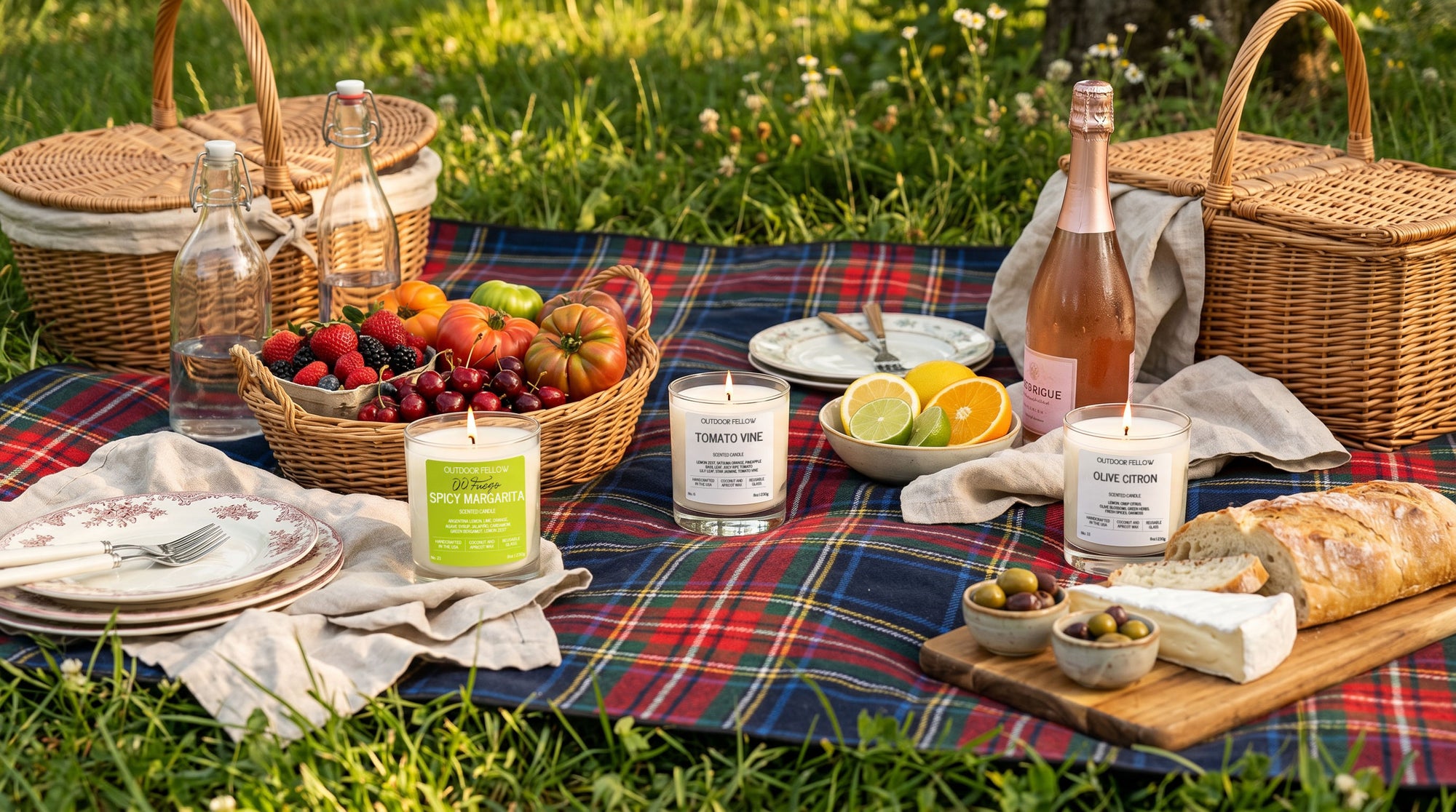 Picnic setup with plaid blanket, food, drinks, and candles on grass