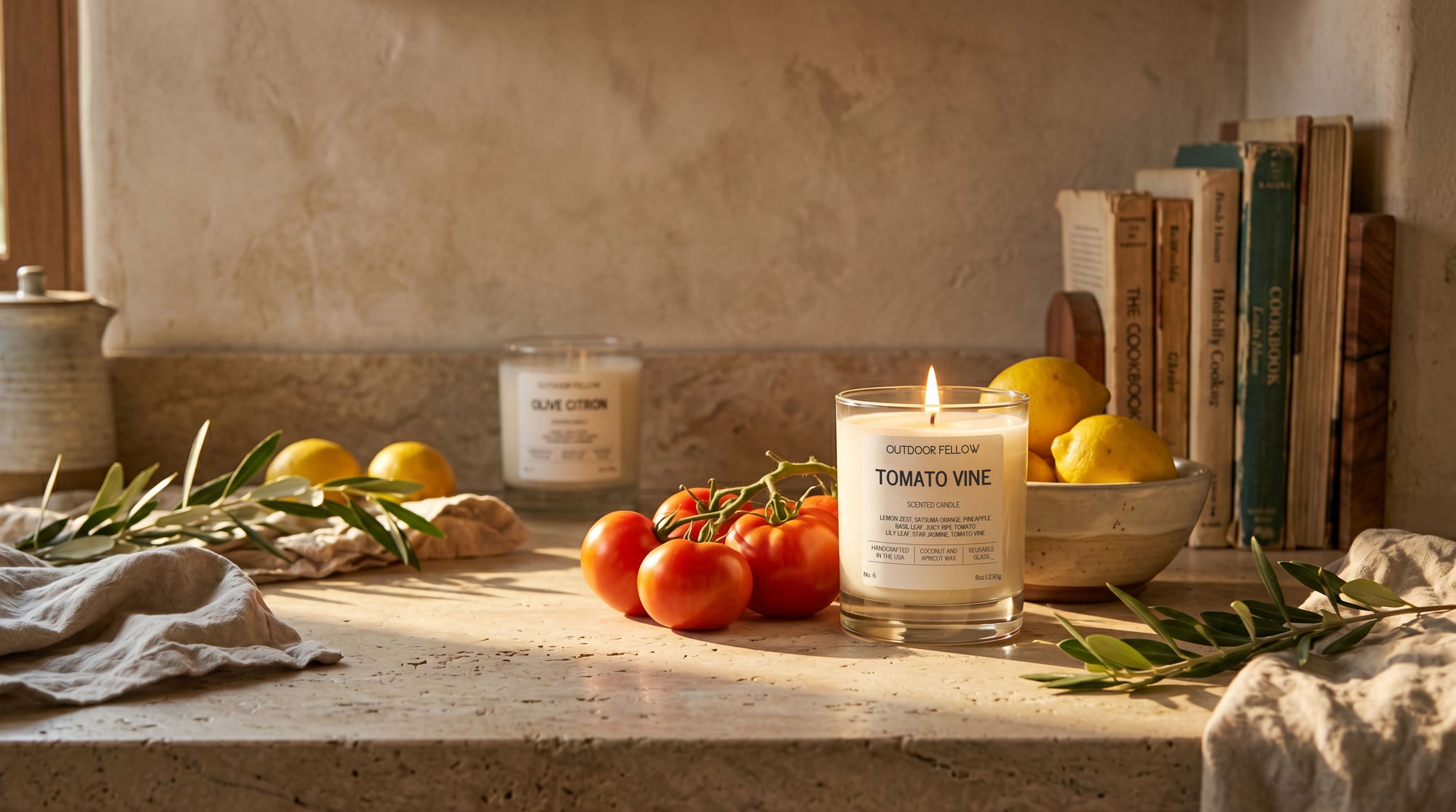 Tomato Vine candle on a rustic kitchen counter with tomatoes, lemons, olive branches, and warm afternoon sunlight.
