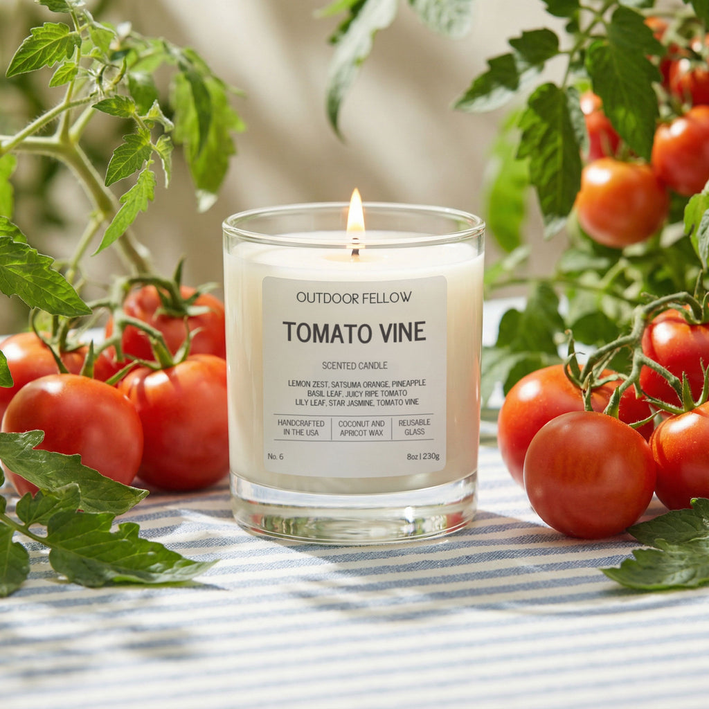 Candle labeled 'Tomato Vine' by Outdoor Fellow surrounded by tomatoes and tomato plants.