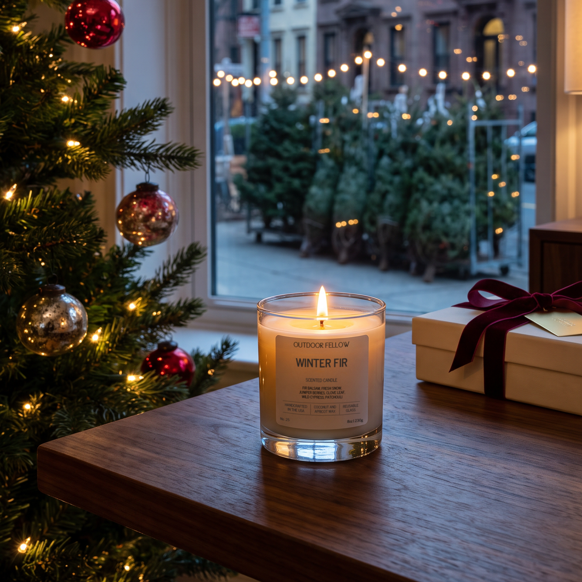 A lit glass jar candle labeled 'OUTDOOR FELLOW WINTER FRI' sits on a wooden table beside a decorated Christmas tree and a wrapped gift box, with a window showing string lights outside.