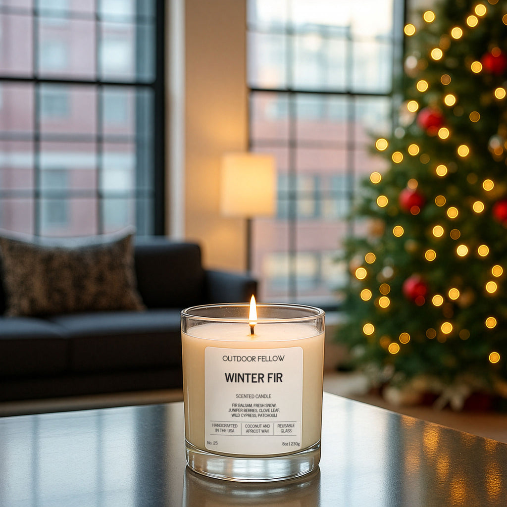 Candle labeled 'Winter Fir' on a table with a Christmas tree in the background