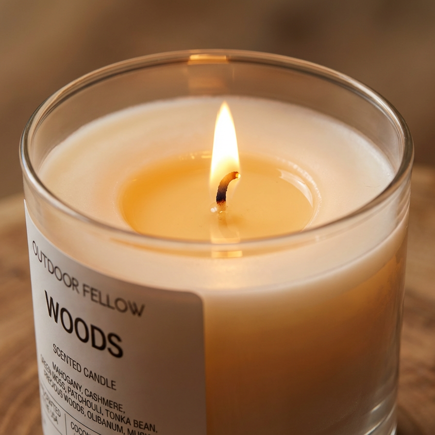 Candle labeled 'Outdoor Fellow Woods' with a flame on a wooden surface