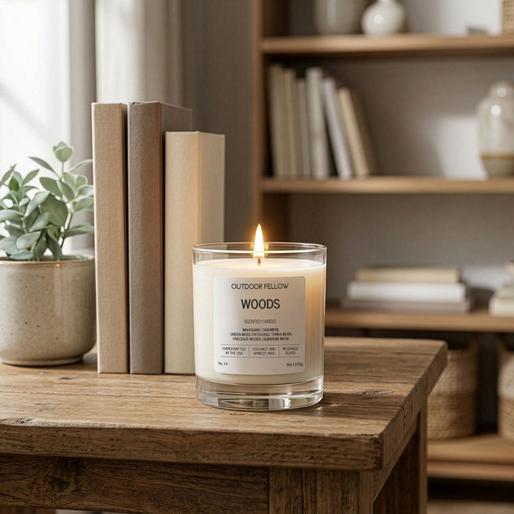 Candle labeled 'Woods' on a wooden table with books and a plant in a bright room.