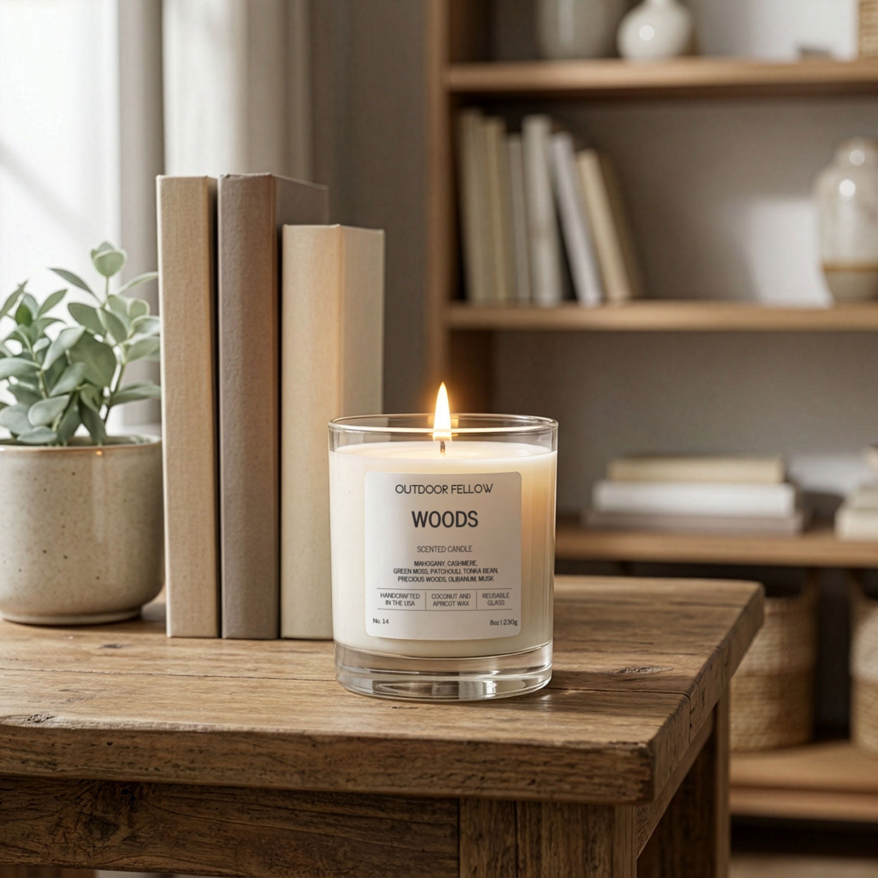 Candle labeled 'Woods' on a wooden table with books and a plant in a bright room.