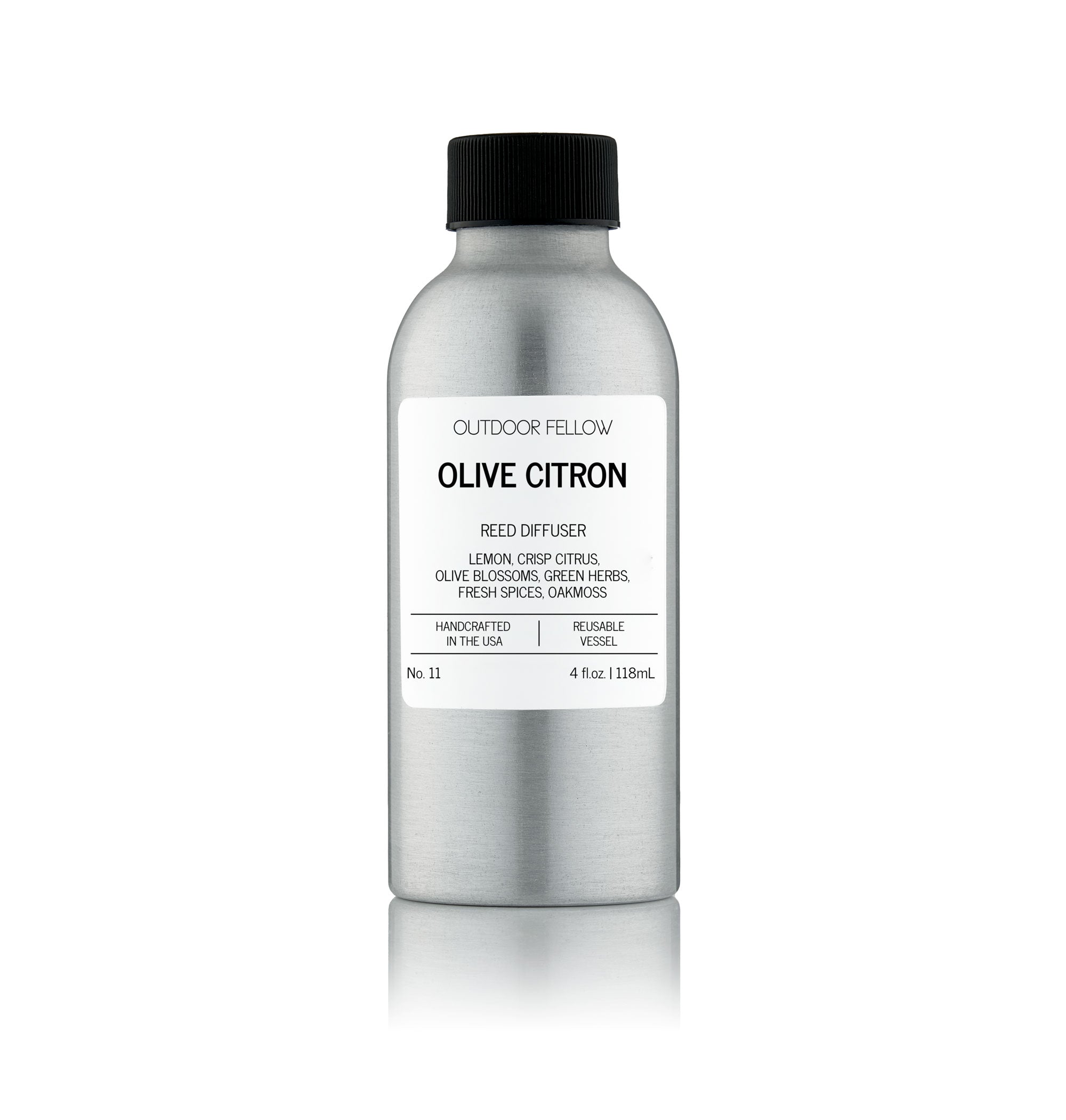 Silver bottle of Olive Citron reed diffuser with black cap on a white background
