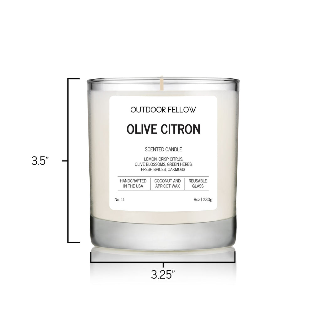 Olive Citron scented candle is 3.5 inches tall and 3.25 inches in circumference 