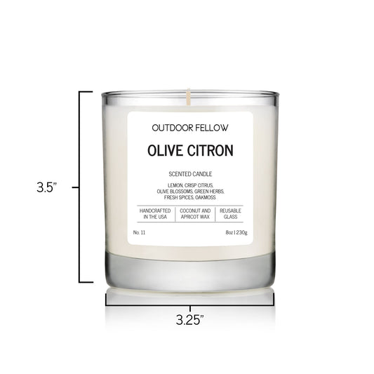 Olive Citron scented candle is 3.5 inches tall and 3.25 inches in circumference 