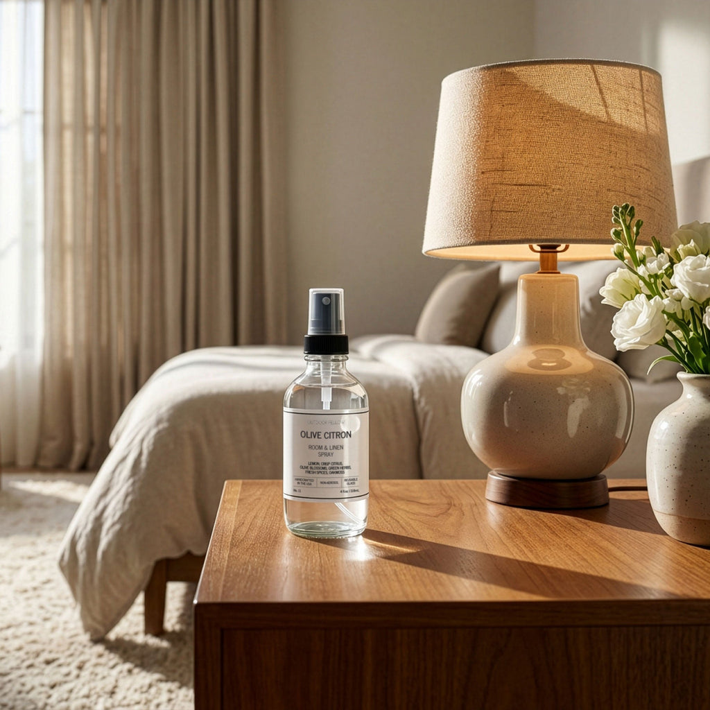 Olive Citron room & linen spray on a wooden table with a lamp and flowers in a living room.