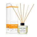 Outdoor Fellow Pepper + Orange reed diffuser with packaging box, featuring a clear glass bottle, natural reeds, and a label listing scent notes such as orange, bergamot, lemon, black pepper, and neroli.