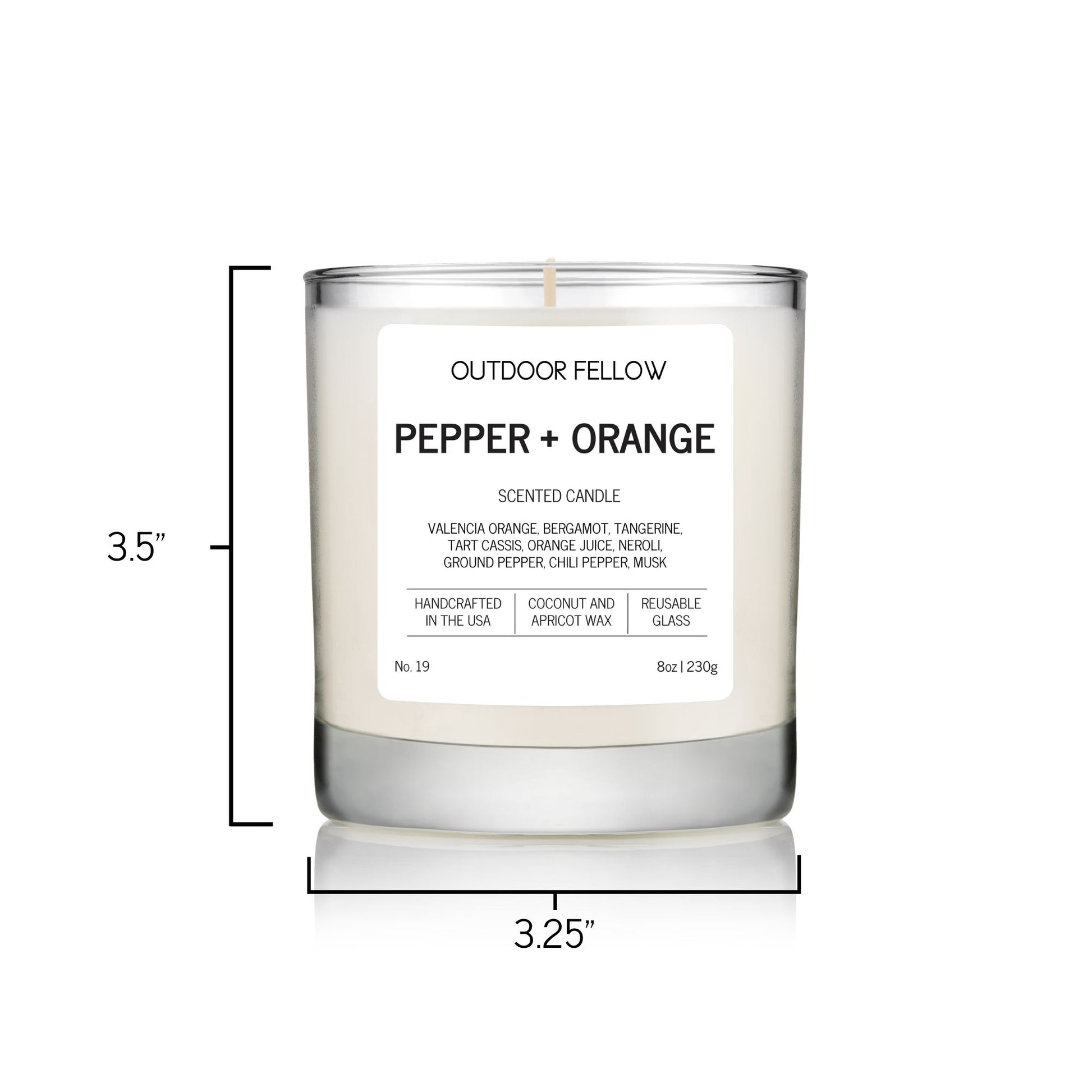 Pepper and Orange scented candle is 3.25 inches in diameter and 3.5 inches tall