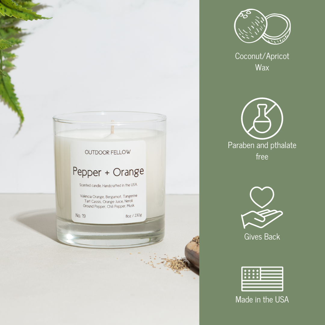 Pepper and Orange candle infographic that lists out coconut and apricot wax, paraben and pthalate free, gives back and made in the USA