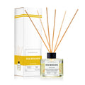Outdoor Fellow Rosa Moschata reed diffuser with packaging box, featuring a clear glass bottle, natural reeds, and a label with scent notes including bergamot, bourbon rose, patchouli, and sandalwood.