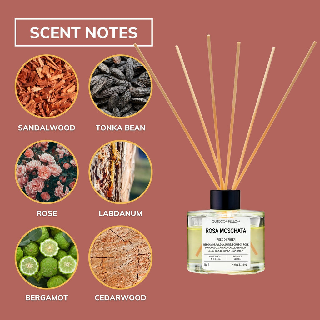 Rosa Moschata reed diffuser scent notes include sandalwood, tonka bean, rose, labdanum, bergmot, and cedarwood. 