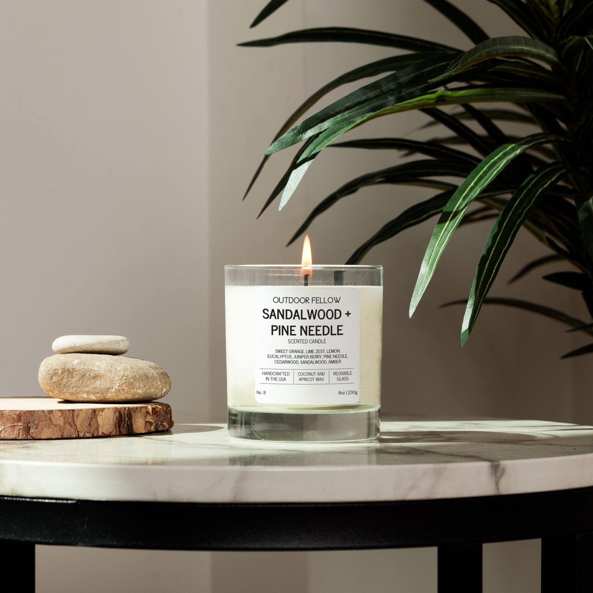 Sandalwood and pine needle candle on a marble surface with a plant in the background