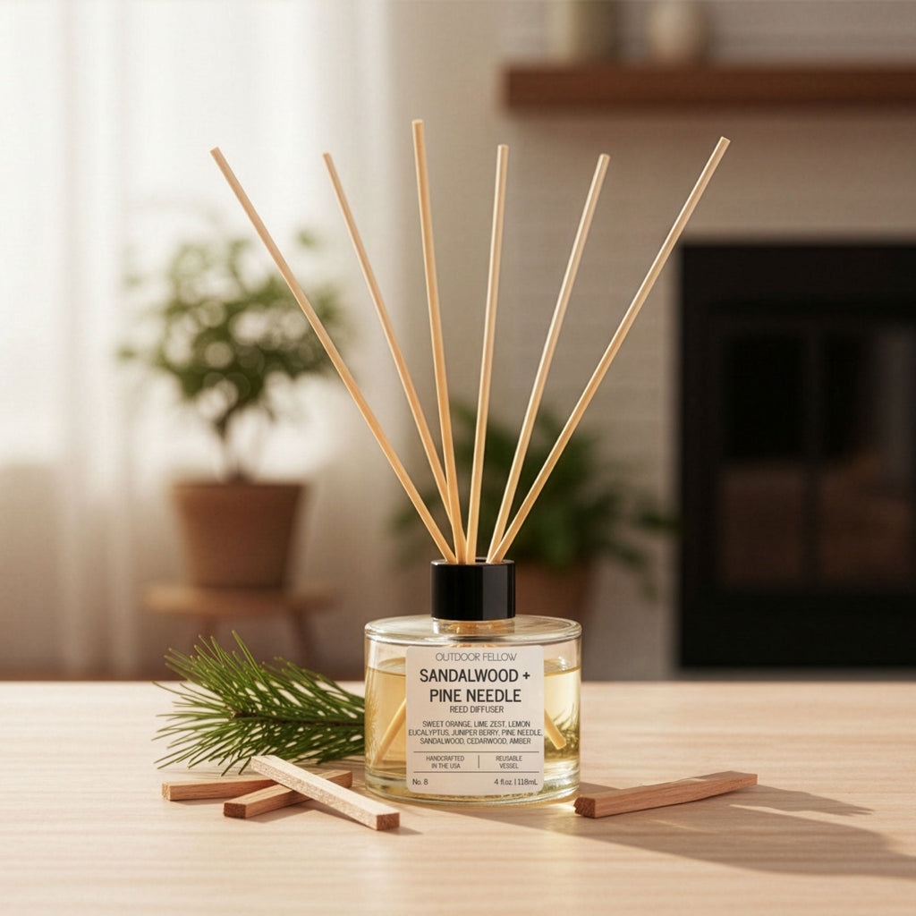 Reed diffuser with sandalwood and pine needle scent on a table in a home setting