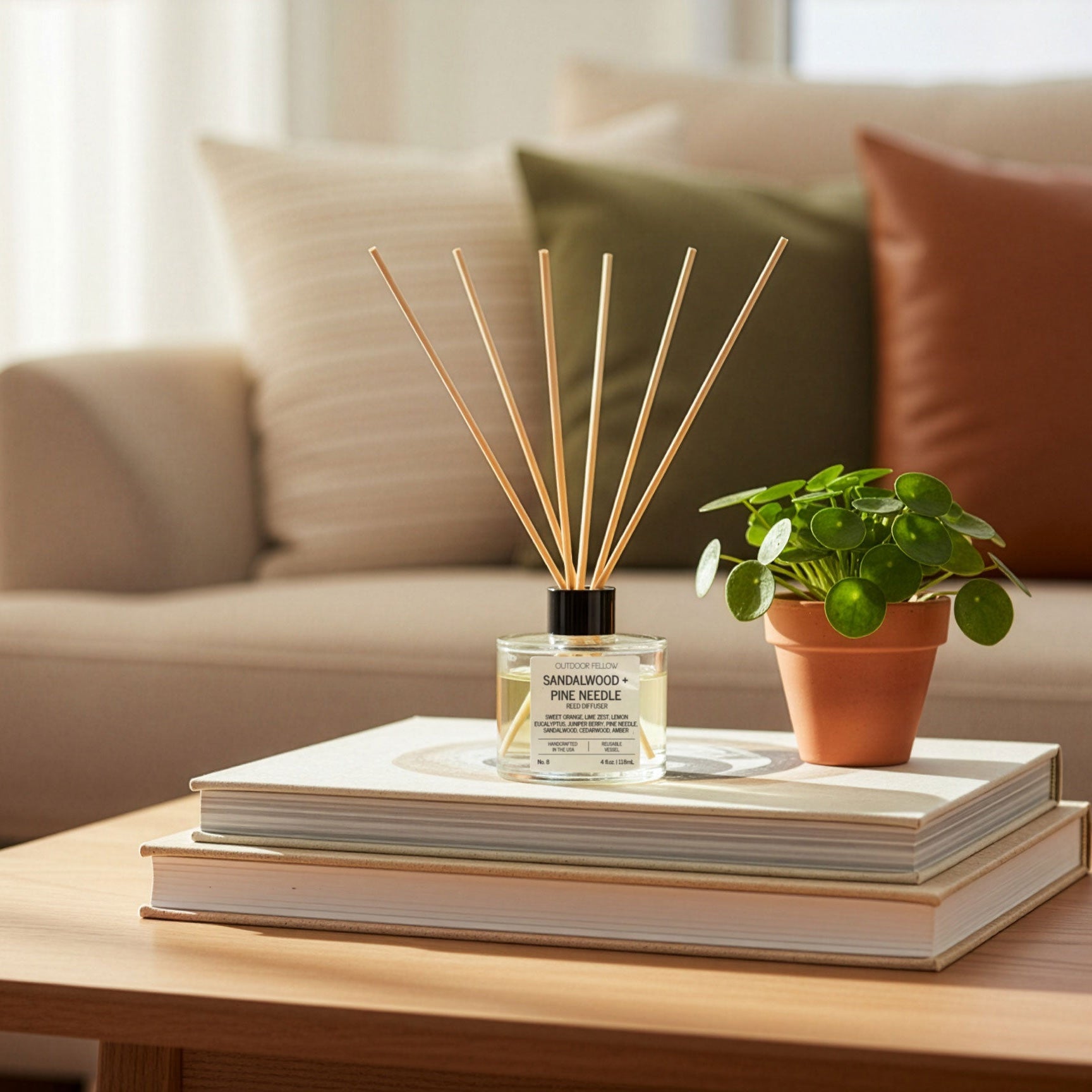 A diffuser and small plant on a stack of books on a coffee table with a couch in the background.