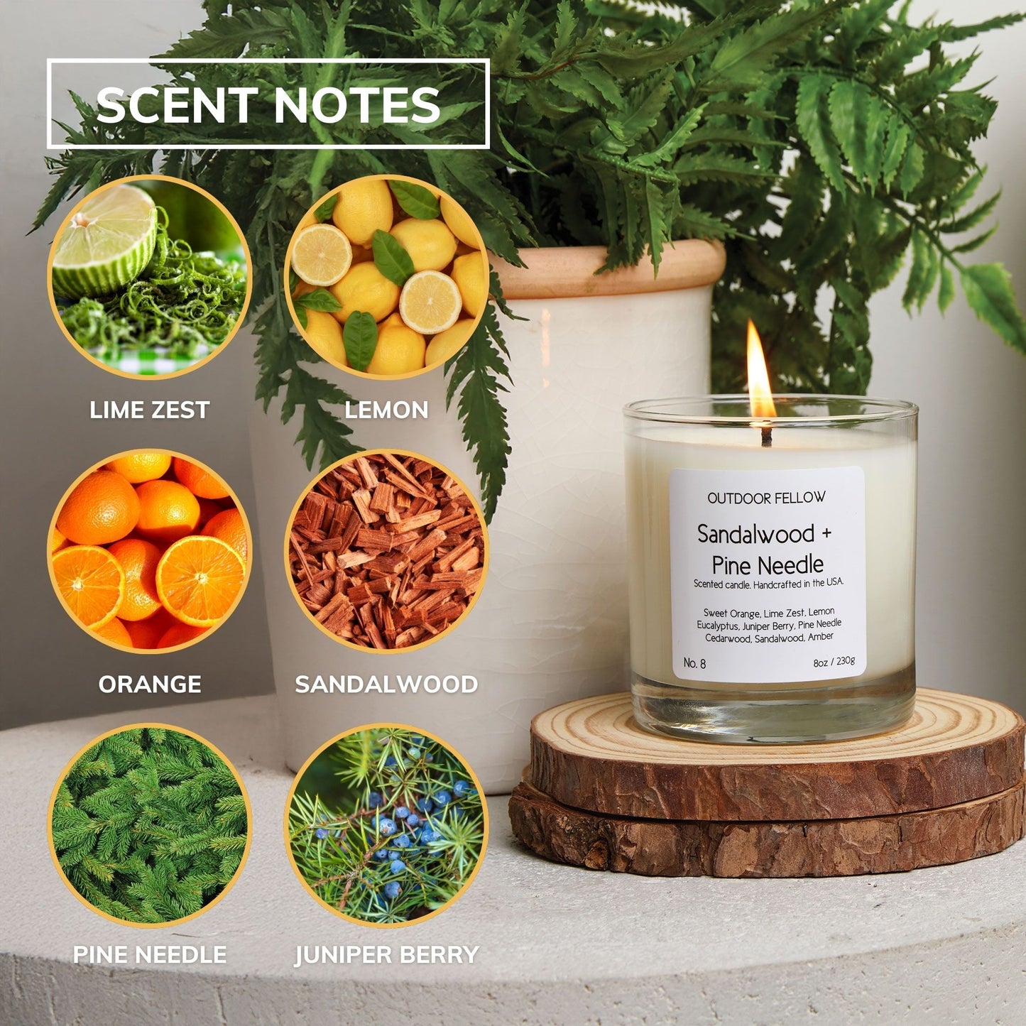 Scent notes include lime zest, lemon, orange, sandalwood, pine needle and juniper berry.