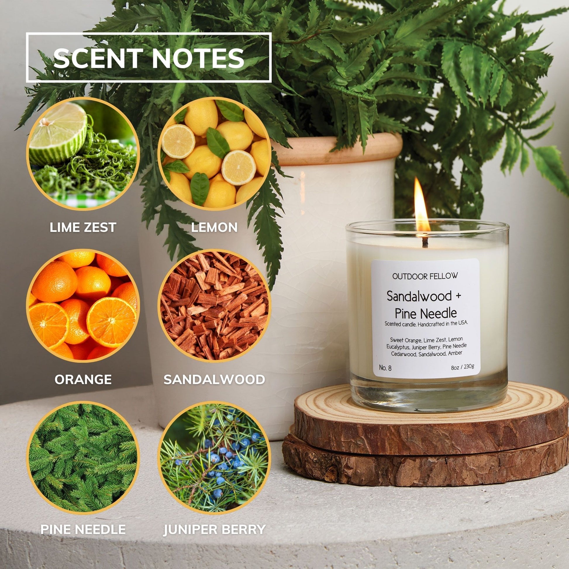 Scent notes include lime zest, lemon, orange, sandalwood, pine needle and juniper berry.