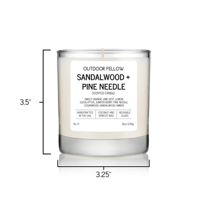 Sandalwood and Pine Needle scented candle dimensions are 3.25 inches in diameter and 3.5 inches tall