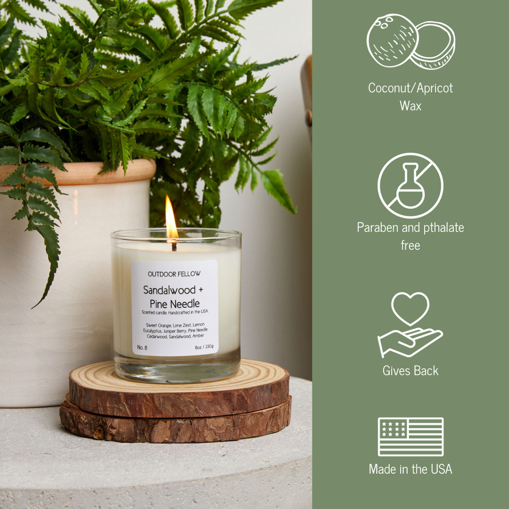 Sandalwood and Pine Needle candle infographic that lists out coconut and apricot wax, paraben and pthalate free, gives back and made in the USA