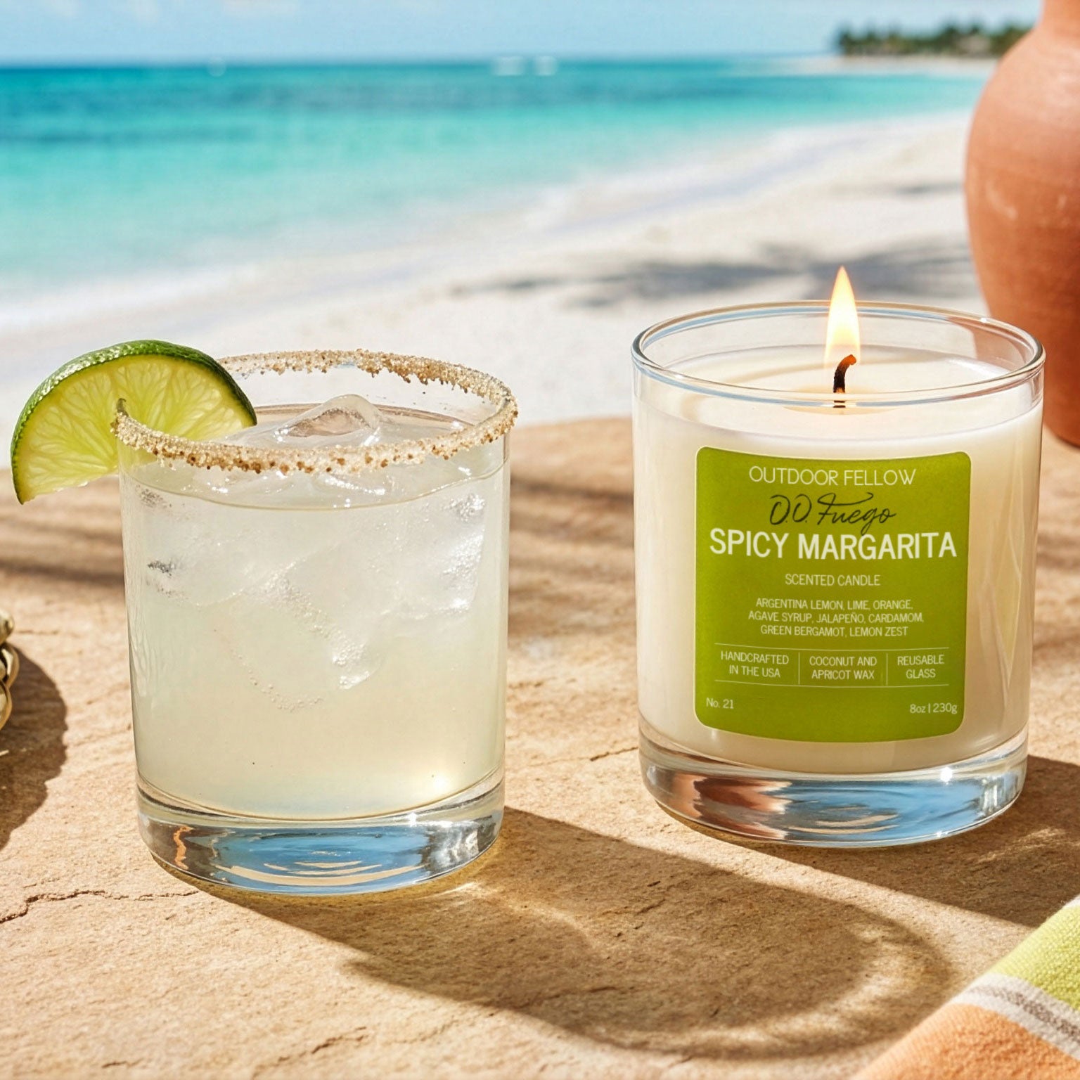Spicy Margarita candle and margarita on a beach setting